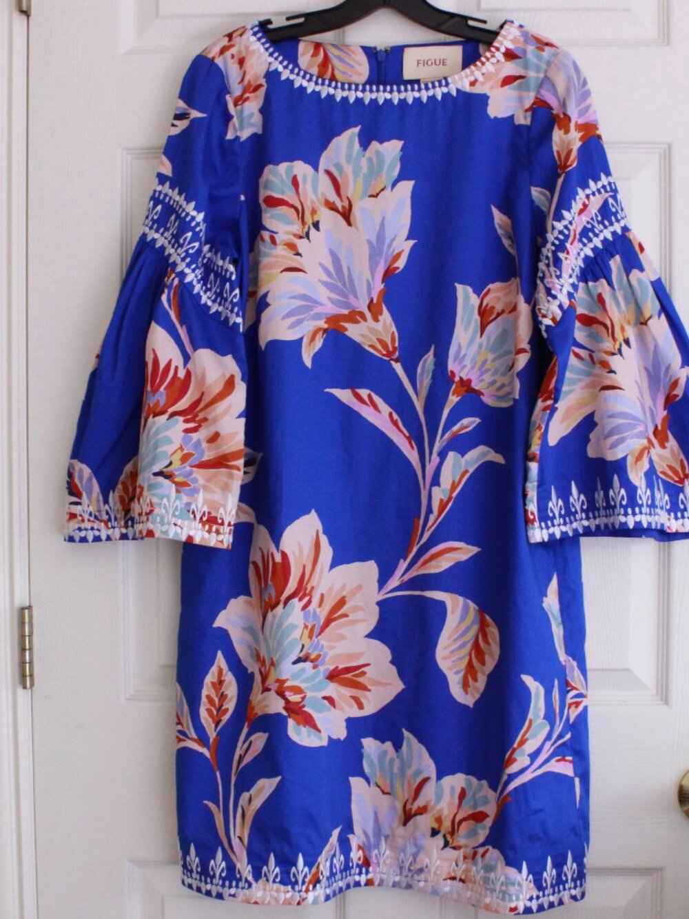 Figue Tanya Shift Dress Floral Blue Cotton Poplin Boatneck Embroidery Detail
